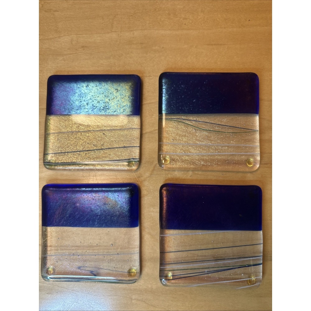 Set of 4 Vintage Metallic Iridescent, Blue, Fused Glass Coasters Drinks Handmade